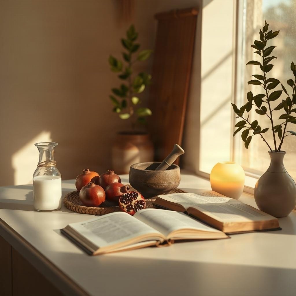 Books, pomegranates and ritual objects