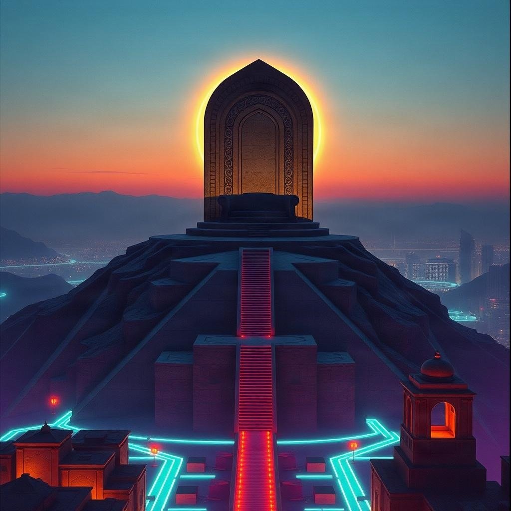 Ancient throne with future light lines