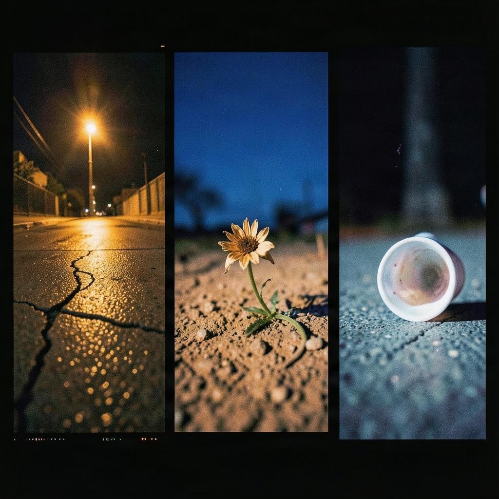 Streetlight, flower and cup triptych