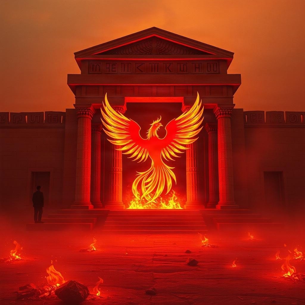 Phoenix glowing inside a monumental fire temple